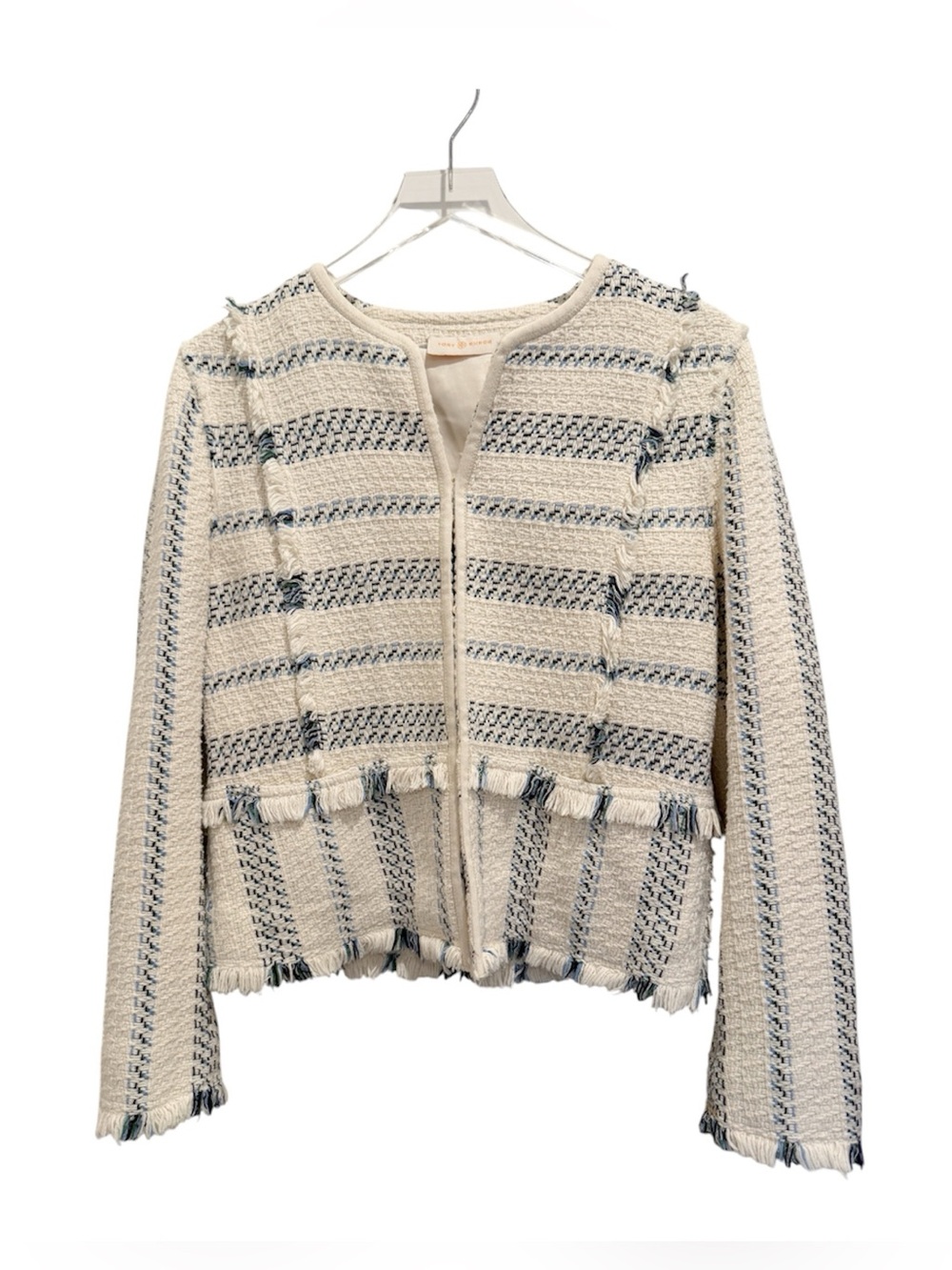 TORY BURCH Tweed‎ Blazer Jacket with frayed edge trim size 8 Business Casual
